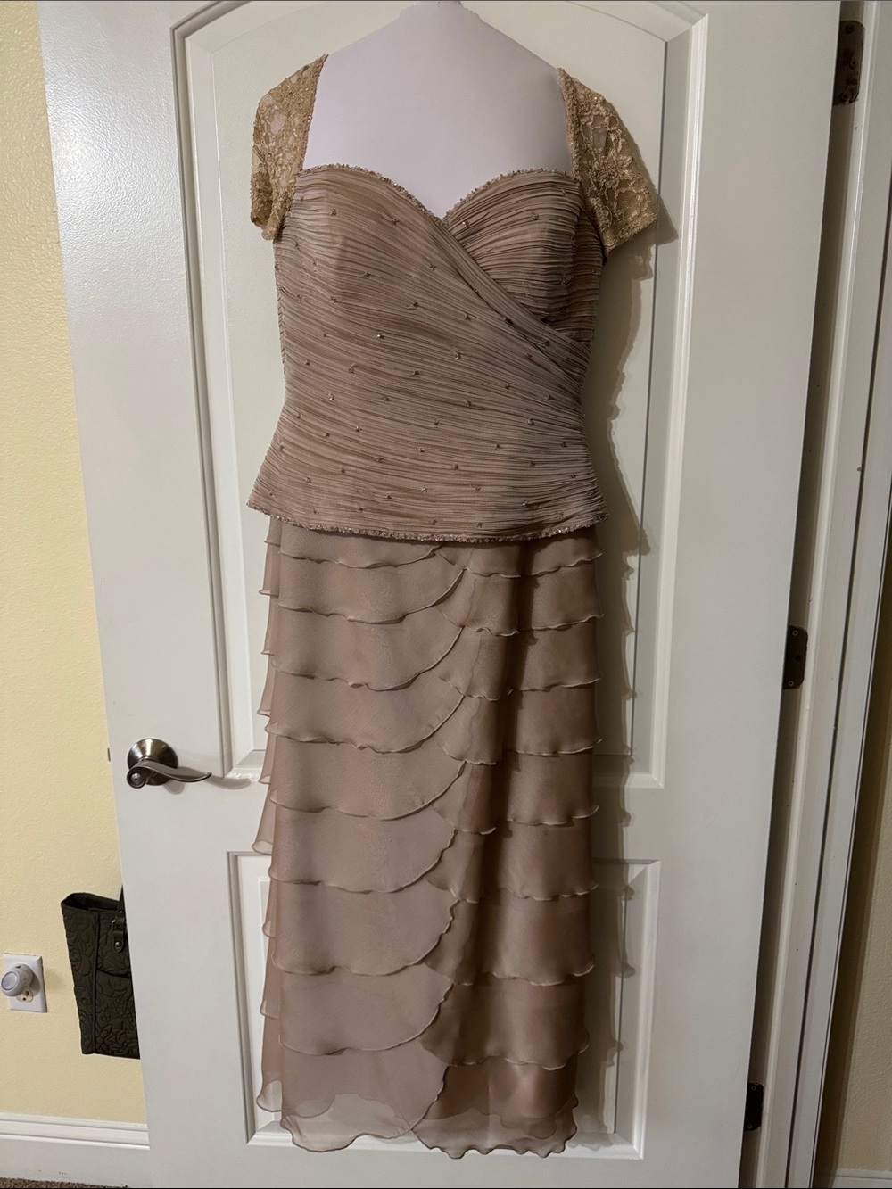 Pronovias Barcelona Elegant Taupe Tiered Chiffon Evening Dress with Lace Sleeves